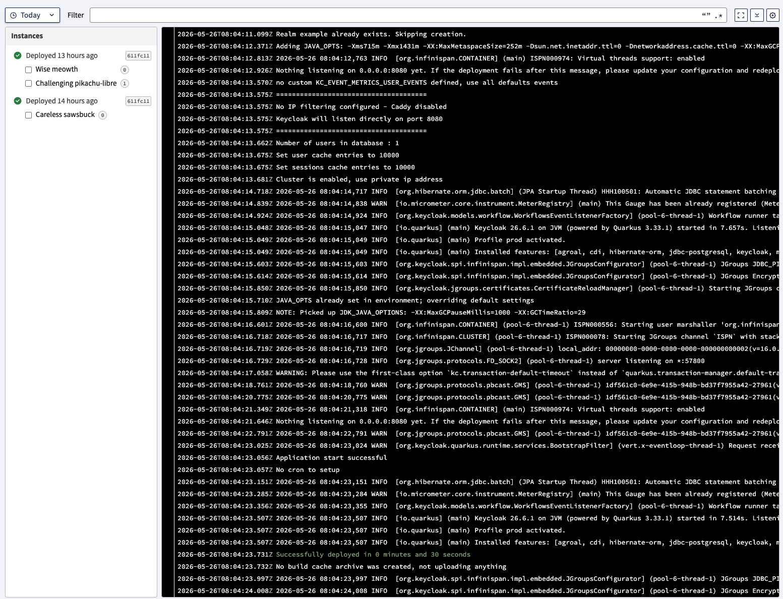 Keycloak Logs in Clever Cloud Console