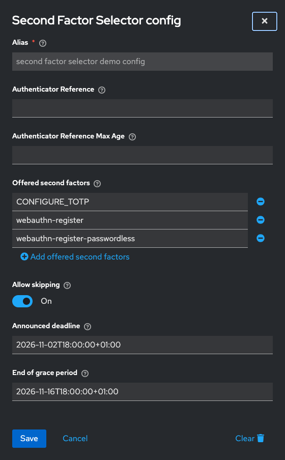 The configuration of the Second Factor Selector step in the admin console