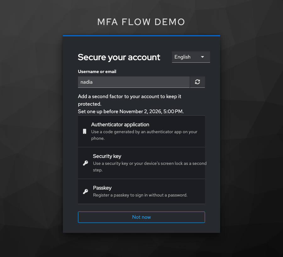 The second factor selection screen: authenticator application, security key or passkey, with a deadline and a &ldquo;Not now&rdquo; button
